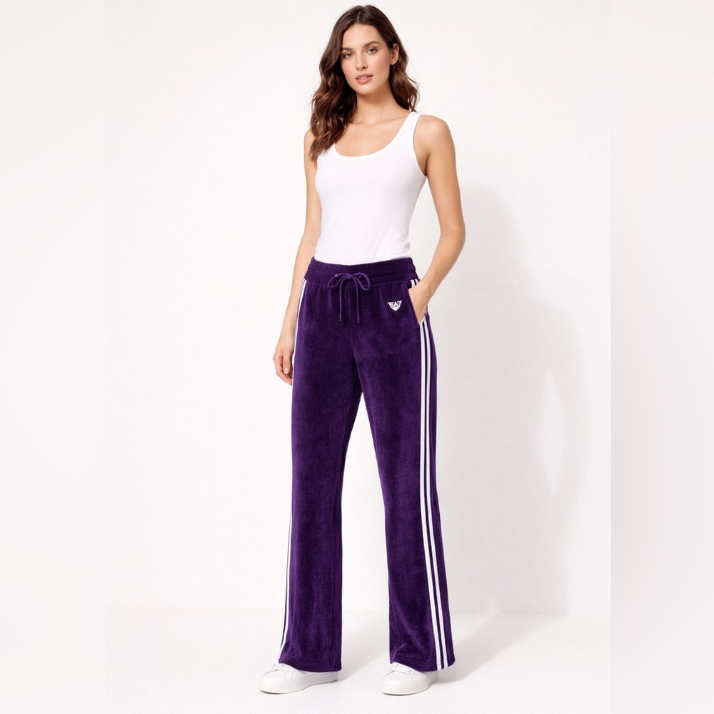 Emporio Armani EA7 Velour Track Pants Purple | Side Stripe Luxury Athleisure szM
